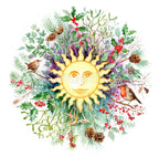 A mandala-style painting dominated by a yellow sun in the centre. The sun has eyes, nose and mouth, and is surrounded by winter leaves and fruits including fir cones, berried ivy and holly, yew and mistletoe. On the left, a wren sits on a bare branch. On the right, a robin sits on a berried branch, one berry in its beak. Colours are greens, browns and reds on a white background.