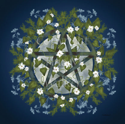 A pentacle symbol overlaid with green leaves, foliage and white flowers which extend outwards towards the edge of the design. A silvery full moon shines behind and within the circle of the pentacle. The background is deep blue.