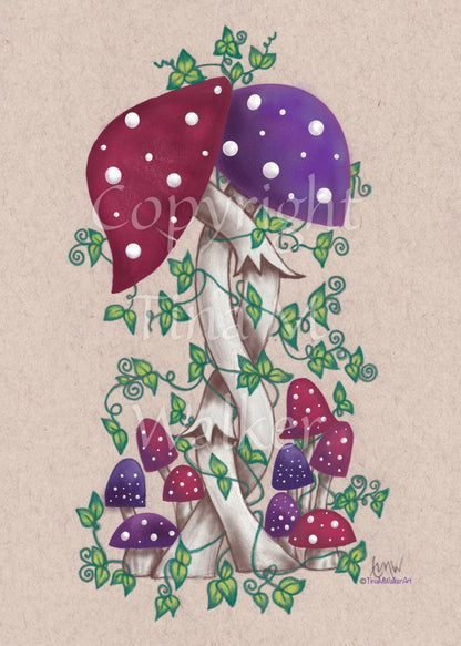 Two toadstools with long pale stems are twined together. The cap of one of them is red with white spots, the other purple with white spots. More small toadstools are dotted around the foot of the pair, and leafy green tendrils twine around and up the main pair. The background is a mottled beige colour.