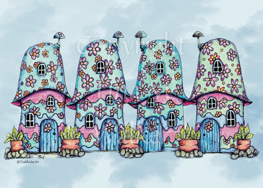 Four pink and blue / green toadstool houses stand in a row. The roofs and walls of all four are liberally decorated with simple flower designs have curved windows (two stories, plus a window in the roof) and have curved blue front doors. Tiny toadstool-shaped chimney pots protrude from each roof, and red planters surrounded by stones and with leafy plants growing from each sit between each house. The background is a mottled pale blue.