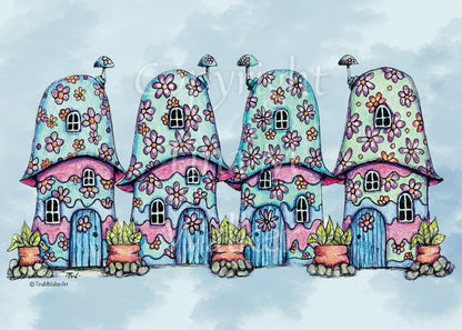 Four pink and blue / green toadstool houses stand in a row. The roofs and walls of all four are liberally decorated with simple flower designs have curved windows (two stories, plus a window in the roof) and have curved blue front doors. Tiny toadstool-shaped chimney pots protrude from each roof, and red planters surrounded by stones and with leafy plants growing from each sit between each house. The background is a mottled pale blue.
