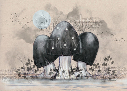 A cluster of toadstools with black caps. The cap of the centre toadstool has white spots. They're surrounded by the silhouettes of leafy plants, and a mist lies low on the ground. Above them a silvery full moon shines, and a flock of birds flies across. The background is a mottled beige.