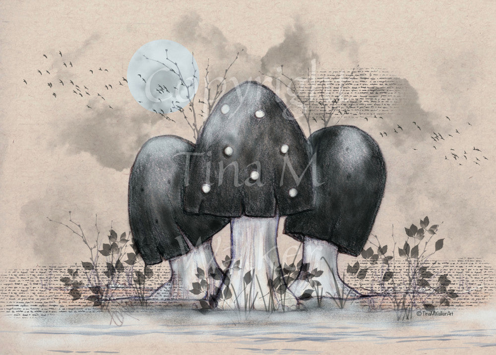 A cluster of toadstools with black caps. The cap of the centre toadstool has white spots. They're surrounded by the silhouettes of leafy plants, and a mist lies low on the ground. Above them a silvery full moon shines, and a flock of birds flies across. The background is a mottled beige.