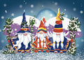 Three simple and colourful gnomes standing side by side. Only their round noses are visible as they all have long white beards and hair reaching nearly to their feet, and large hats pulled down over their eyes. The middle gnome is dressed in a red coat and hat, the outer two in dark blue. All are partially covered in snow and all carry an ivy-covered staff. Behind them are two large purple toadstools. Snow is falling and lies on the ground in front of them.