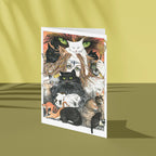 Greeting card with illustrations of cats on a yellow background