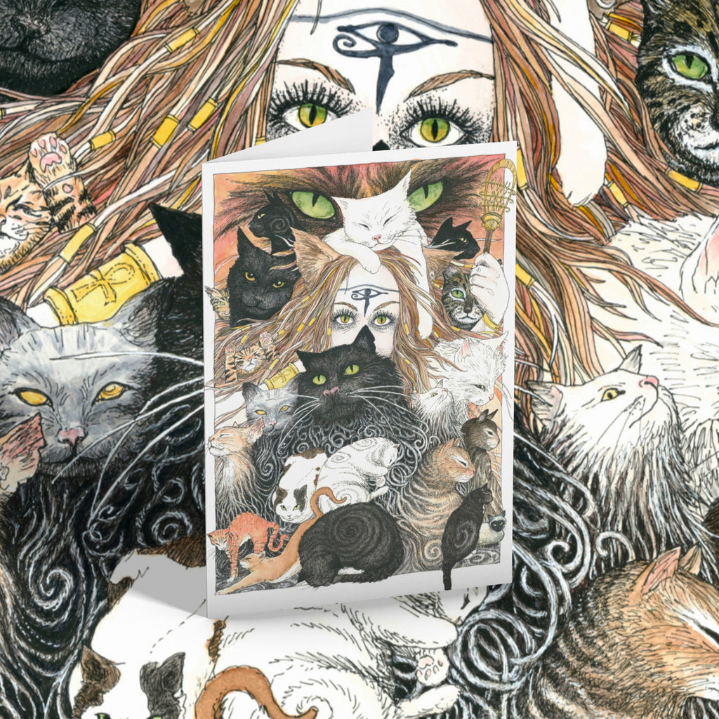 Card with cat illustrations surrounded by a collage of cats and abstract designs