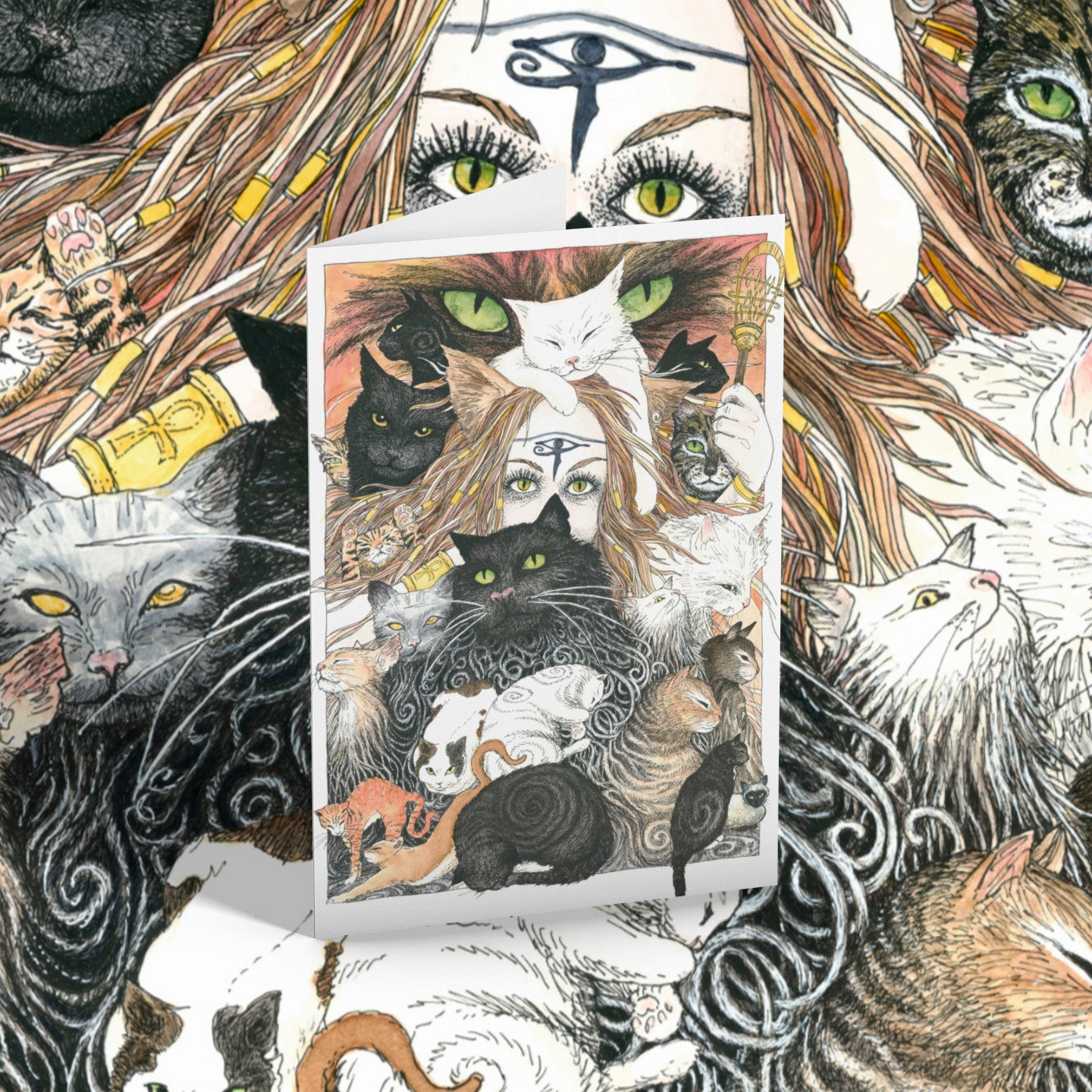 Card with cat illustrations surrounded by a collage of cats and abstract designs
