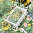 Illustrated greeting card with bees and flowers on a matching background
