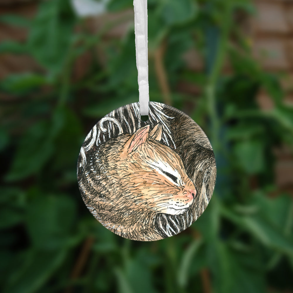 The second side of the ornament, showing the head of a ginger cat.