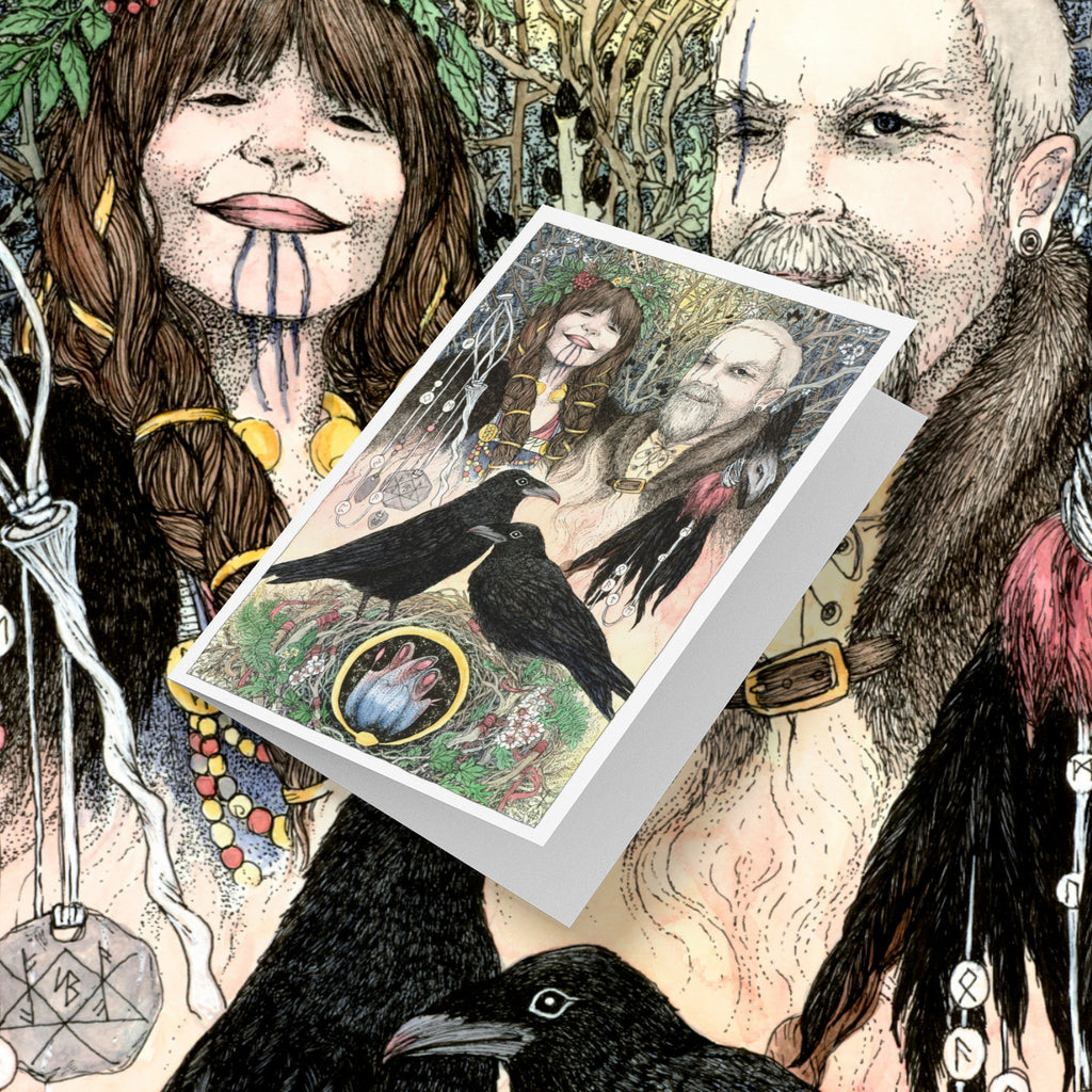 Illustration of a person with long hair and a beard, surrounded by nature elements and a card with a raven and other figures.
