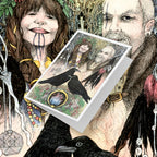 Illustration of a person with long hair and a beard, surrounded by nature elements and a card with a raven and other figures.