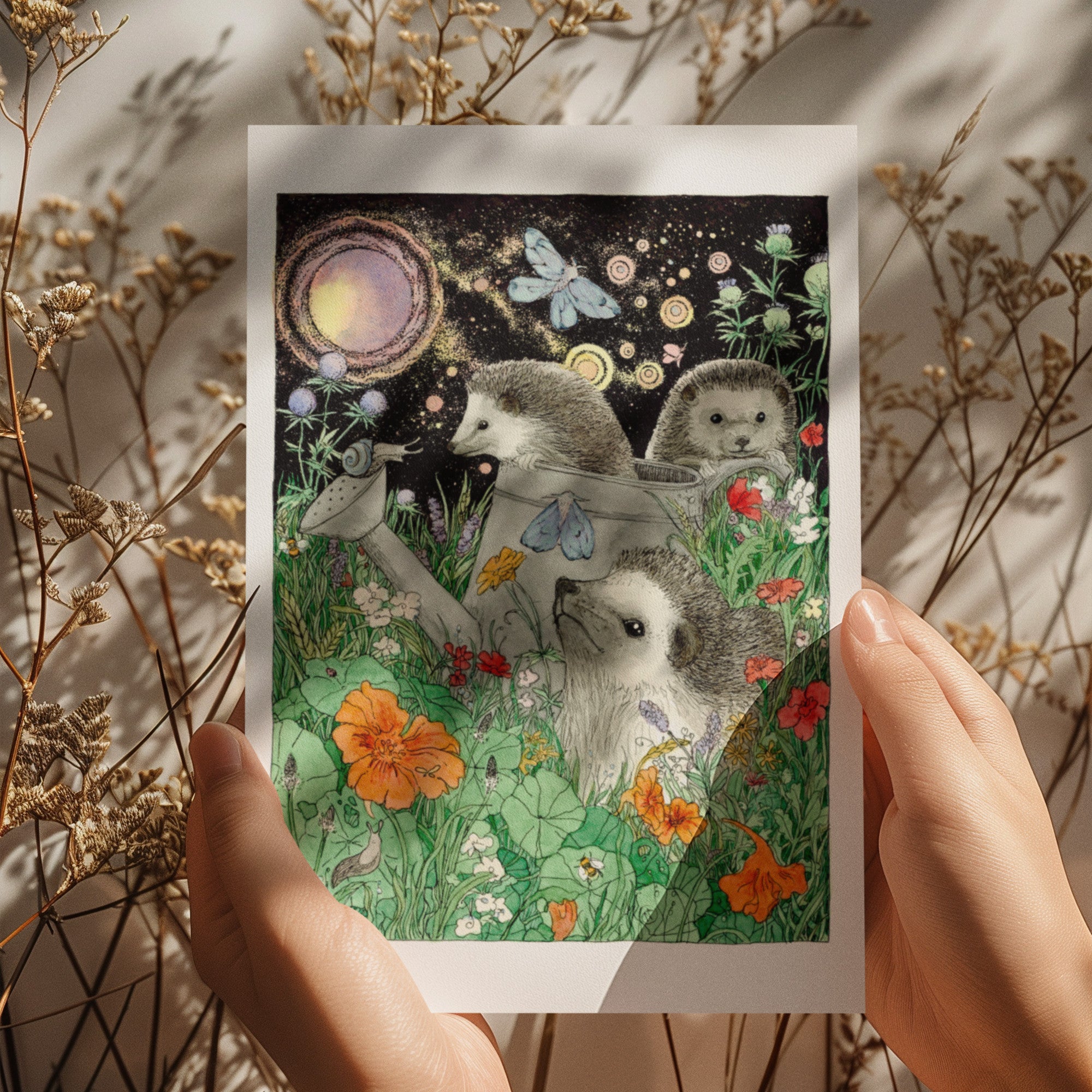 Illustrated card with hedgehogs and flowers held between hands surrounded by dried plants.