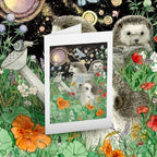 Greeting card featuring hedgehogs and flowers on a matching background.