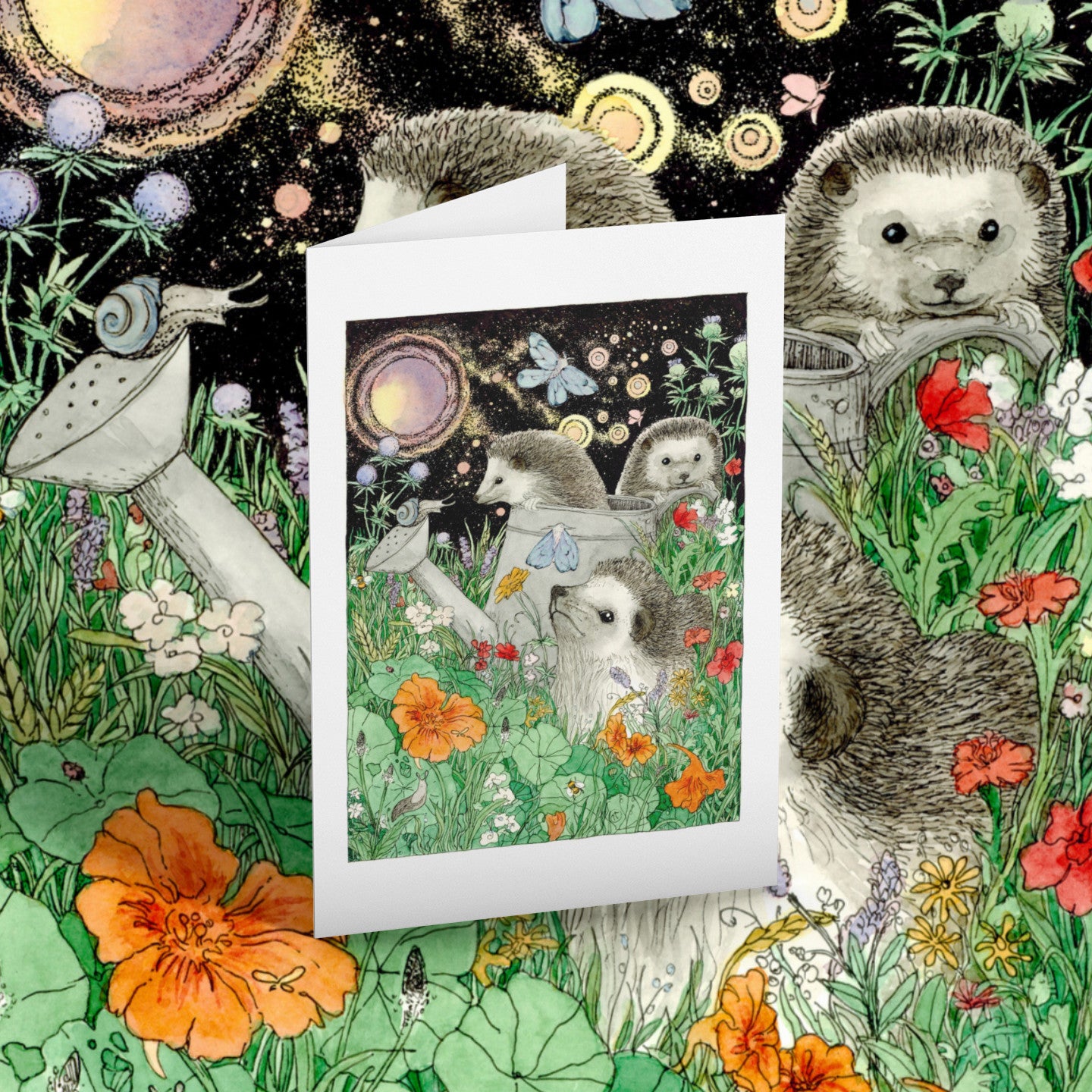 Greeting card featuring hedgehogs and flowers on a matching background.
