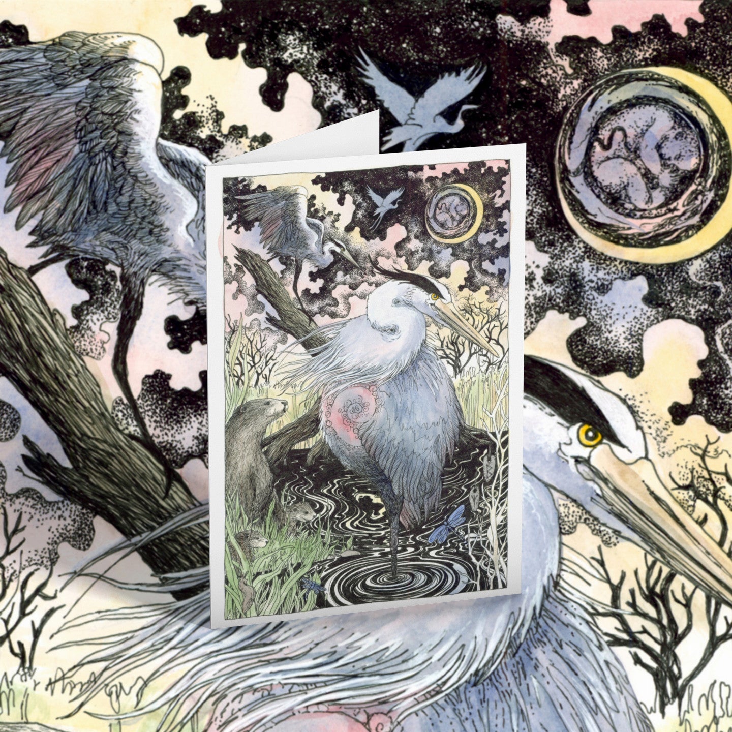Collage of herons and nature-themed elements with a central card featuring a heron.