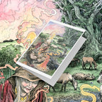 Greeting card with a witch and nature scene on a colorful background