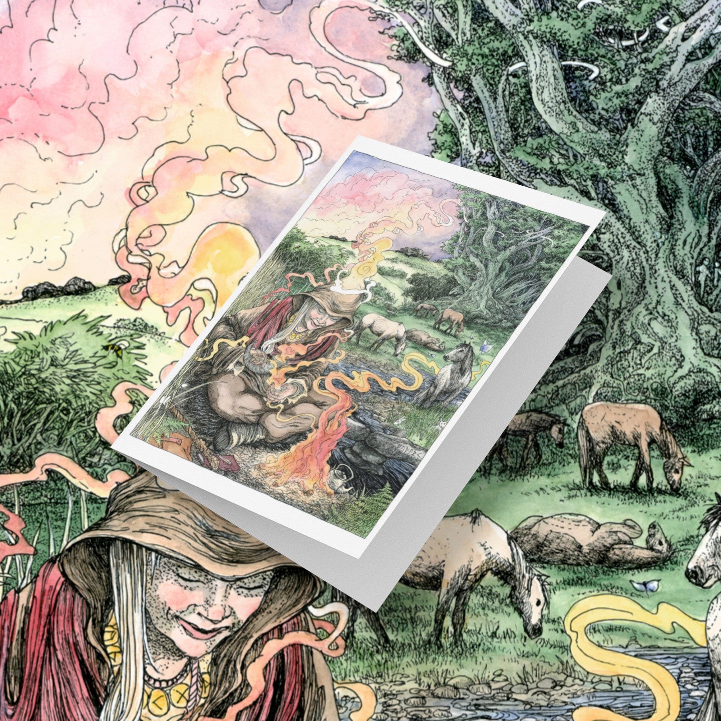 Greeting card with a witch and nature scene on a colorful background