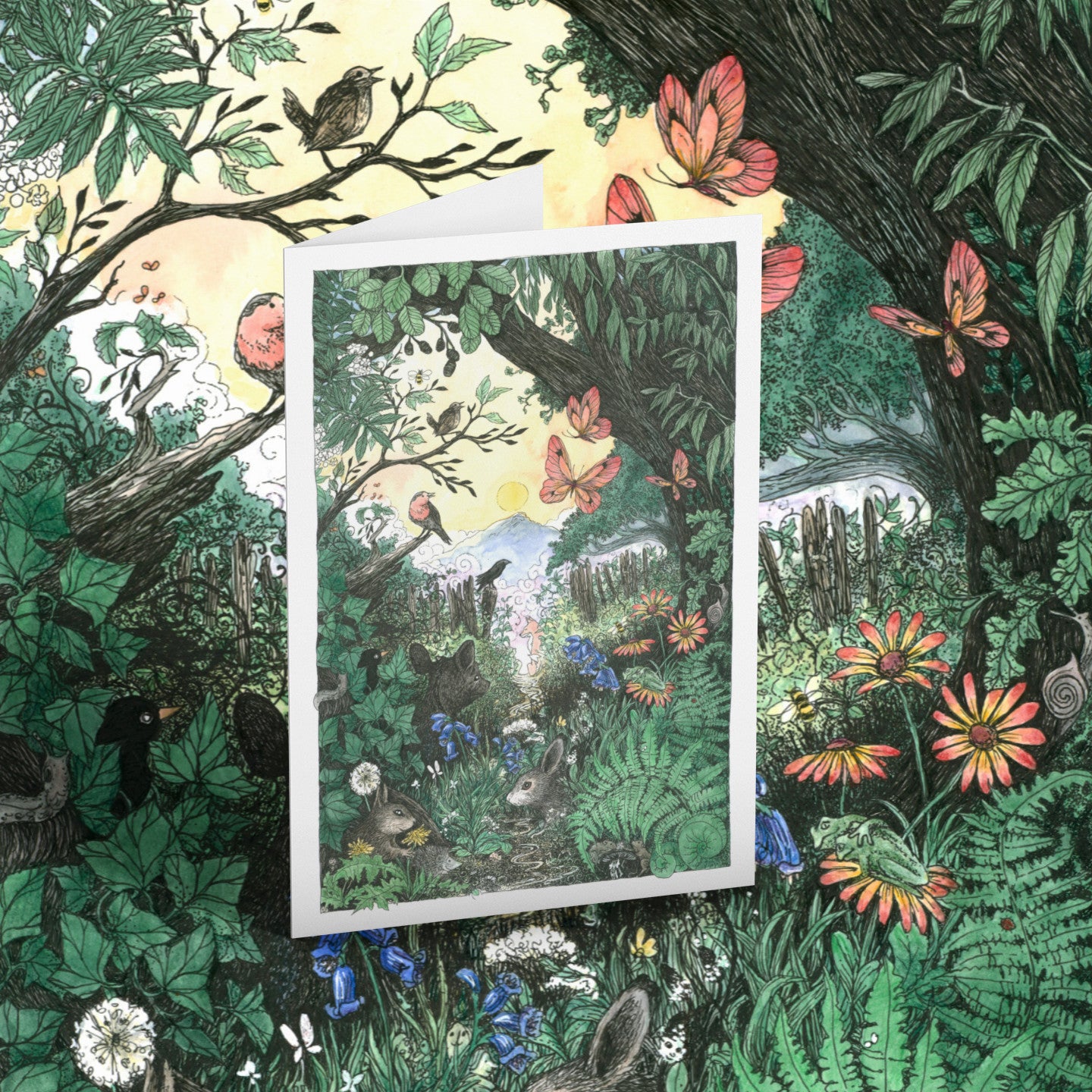 Greeting card of a forest scene with birds and flowers, surrounded by a matching background.
