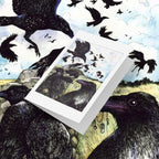 Greeting card featuring crows with a focus on the matching background of crows in a field.