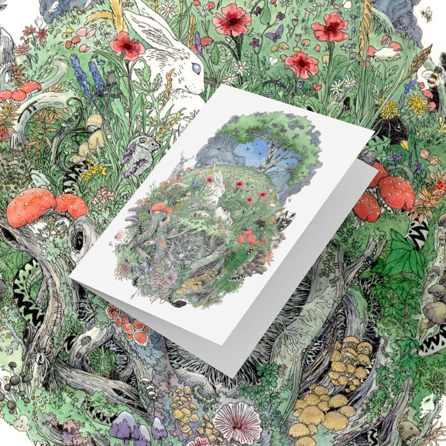 Greeting card with nature-themed illustration on a matching background