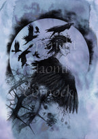 A pencil drawing. A large back raven wing flows into the head and neck of a figure with with sharp facial features, pointed ears and black raven-feather hair. A raven sits on the head of the figure, and more ravens fly behind. The figure appears to be sitting in very spiky tree. The head of a child appears beneath the wing. A spider and snake sit on the branches beneath. The design is colour-washed in purple.