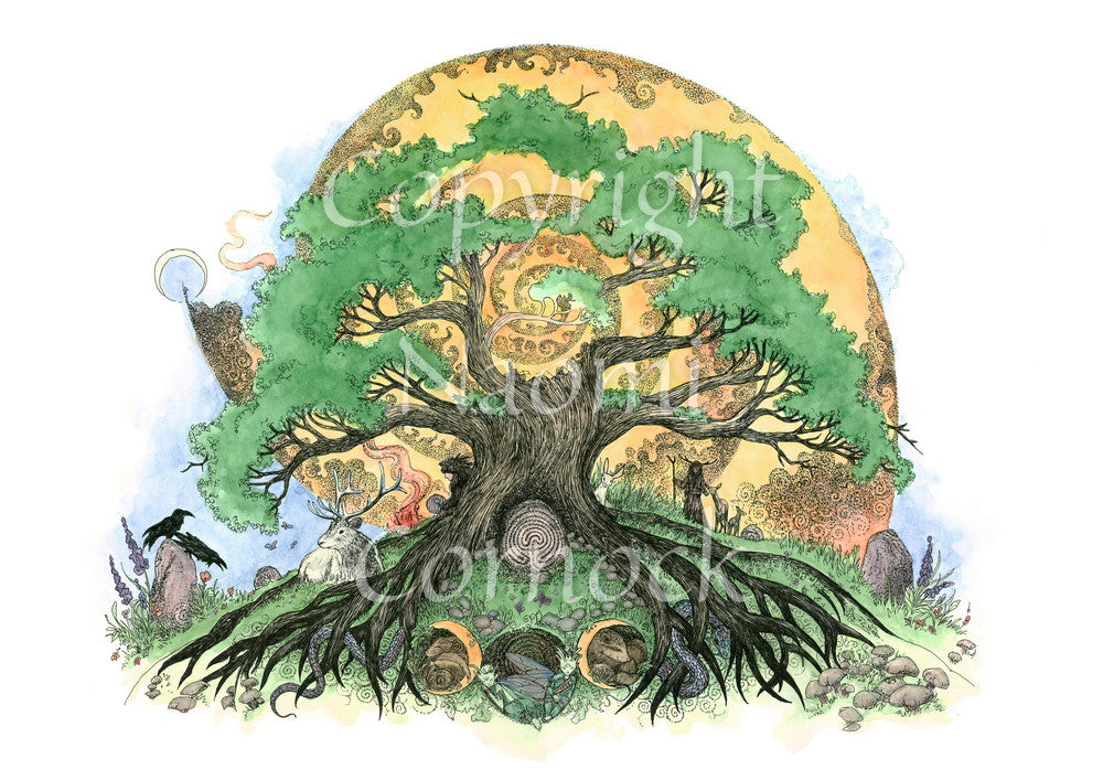 A tree with a short, wide trunk spreads thick roots either side of a small hill. Above, sturdy branches in full leaf spread in front of an orange, swirly sun. A labyrinth nestles at the base of the tree, and in between the roots sits a triple moon with a fairy and small creatures resting within. A stag sits to the left of the tree, and on the right, a human figure with antlers and a staff stands with a doe and her fawn.