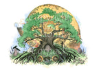 A tree with a short, wide trunk spreads thick roots either side of a small hill. Above, sturdy branches in full leaf spread in front of an orange, swirly sun. A labyrinth nestles at the base of the tree, and in between the roots sits a triple moon with a fairy and small creatures resting within. A stag sits to the left of the tree, and on the right, a human figure with antlers and a staff stands with a doe and her fawn.