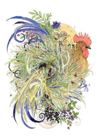 A cockerel with swirling blue, green and yellow/orange feathers, also incorporating leaves and wheat ears. Mice nibble on the ears, and butterflies and dragonflies flutter and swoop around. At the bottom, a crescent moon peeks from behind sprigs of berries. A yellow sun appears behind the head of the cockerel. A corn dolly is formed in the centre of the swirl of feathers, and a mouse sits in its skirt.