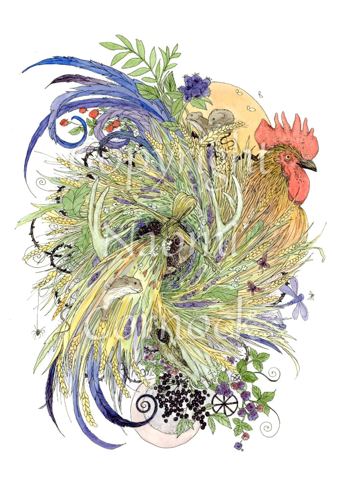 A cockerel with swirling blue, green and yellow/orange feathers, also incorporating leaves and wheat ears. Mice nibble on the ears, and butterflies and dragonflies flutter and swoop around. At the bottom, a crescent moon peeks from behind sprigs of berries. A yellow sun appears behind the head of the cockerel. A corn dolly is formed in the centre of the swirl of feathers, and a mouse sits in its skirt.