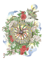 A circle of daisies surrounds a maypole, seen from above, with red, green and blue/grey streamers splaying out from the centre. The daisies are surrounded by red roses and red and white flowers. Bees fly beneath, and the head of a goat wearing a garland of flowers appears near the top, a crescent moon behind. A yellow glow and wispy clouds appear from behind the design.