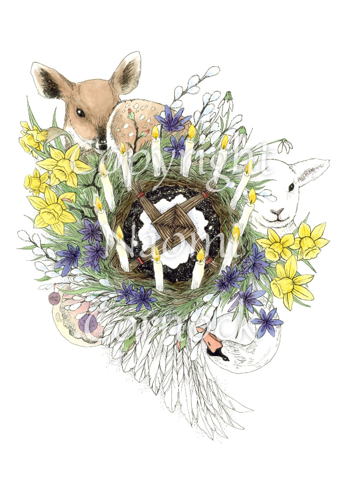 Brigid's cross is woven into a wreath of brown and green stems. The green stems spread outwards, ending in daffodils, snowdrops and other white and blue flowers. Lit white candles stand in a circle around the wreath. A fawn sits at the top, a lamb to the right, and a swan underneath.