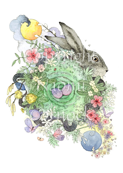 Two grey/blue eggs sit within a spiral with a green background. The spiral is surrounded by spring flowers, and a snake eating its tail weaves through them. The head of a hare or rabbit appears at the top right. A yellow circle surrounded by storm clouds appears above, and a blue disc surrounded by yellow flowers appears below.