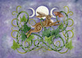 A brown hare with swirls on his hip, shoulder and belly, leaps across the design from left to right. A Celtic-style swirly pattern, interlaced with tendrils of ivy, winds to the left, right and beneath him, and he leaps through one of swirls. A triple moon shines above and behind him, and the sky behind is starlit mottled purple.