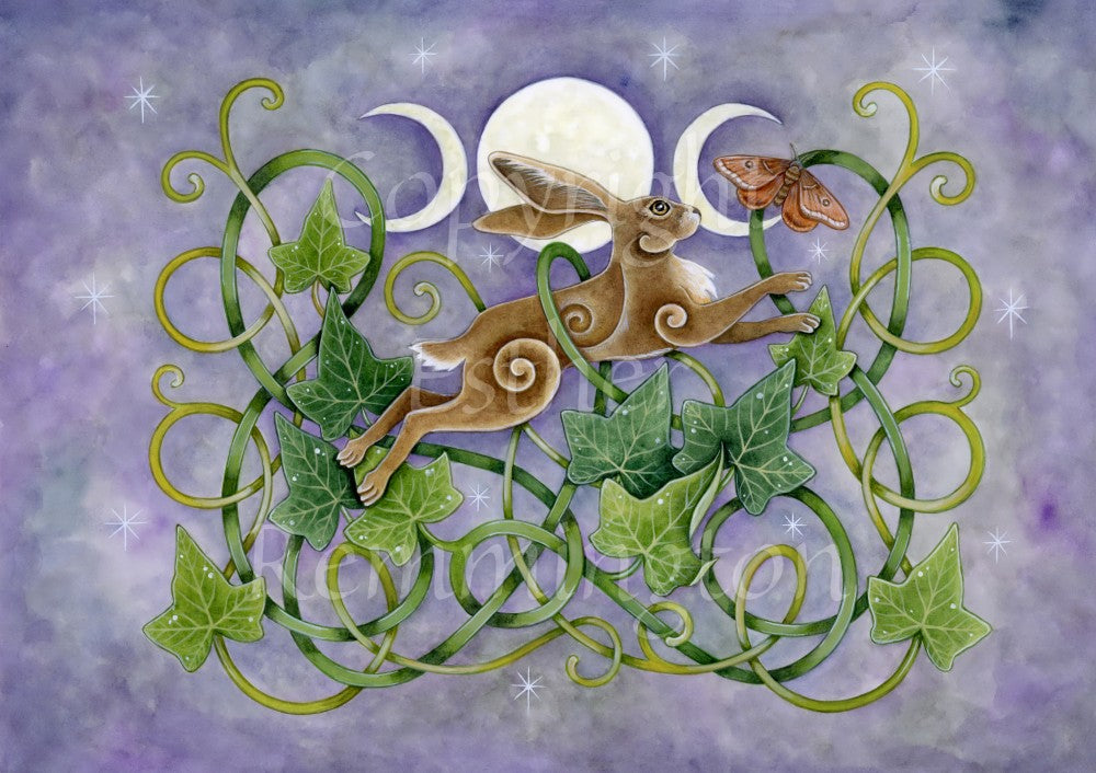 A brown hare with swirls on his hip, shoulder and belly, leaps across the design from left to right. A Celtic-style swirly pattern, interlaced with tendrils of ivy, winds to the left, right and beneath him, and he leaps through one of swirls. A triple moon shines above and behind him, and the sky behind is starlit mottled purple.