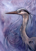 A sideways view of the head and neck of a heron. The background is a mottled purple with a swirl pattern.
