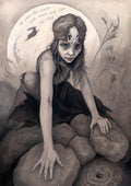 A young woman crouches on a pile of stones, her hands resting on stones in front of her. In front of the stones, a little lower down, is a stone with a round hole in it surrounded by a circular pattern. The woman wears a headband with a raven skull attached to the front. A full moon rises behind her, and a silhouette of a hare leaps in front of it. An inscription over the moon reads: Up from the earth with tooth and claw we rise. Stems and flowers fill the rest of the scene. 