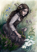 A young woman wearing a long brown sleeveless dress with a pale long sleeved top underneath, is surrounded by flowers as she kneels on the ground. The front of her dress is gathered in her hands to form an apron containing sprigs of bog myrtle and yellow gorse flowers. Heather grows next to her. Behind her are harebells, with woody nightshade to the other side and nettles and yarrow to the front. Thistles appear to be tied into her long brown hair.