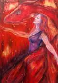 A woman with long red hair and wearing a sleeveless purple dress stands in front of a red dragon. Both look to the left. A wing wraps around one side, with the head on the other. A stream of fire is emitting from the location of the woman's heart. The overall design colour is red.