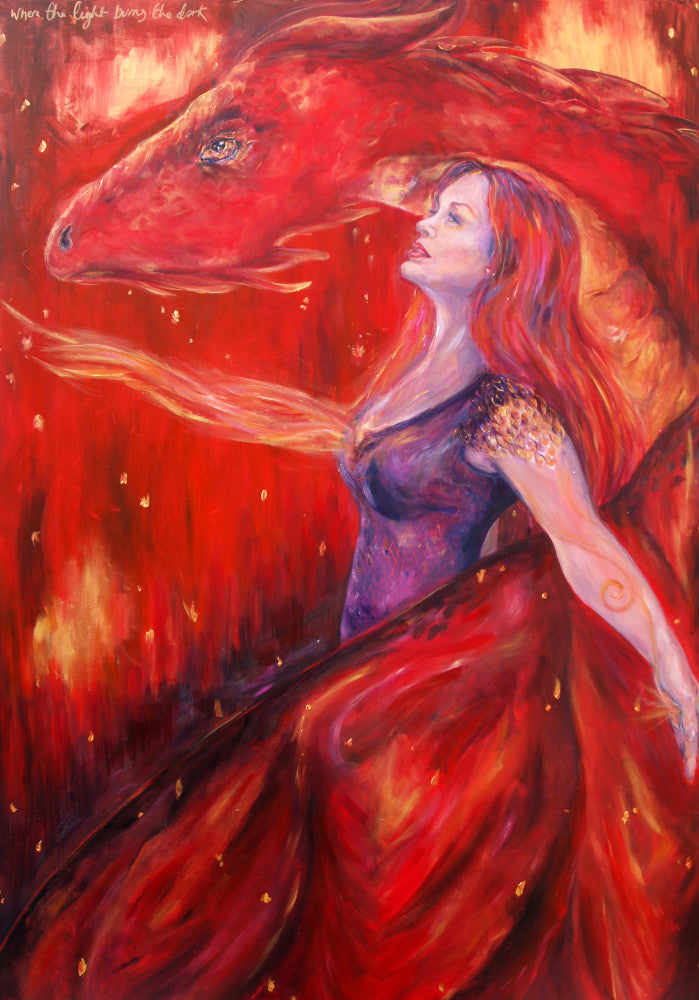 A woman with long red hair and wearing a sleeveless purple dress stands in front of a red dragon. Both look to the left. A wing wraps around one side, with the head on the other. A stream of fire is emitting from the location of the woman's heart. The overall design colour is red.
