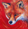 The head of a red fox looking at an angle towards the viewer, coming into the painting from the right. A pale-coloured spiral is coiled on their forehead. The background is red.