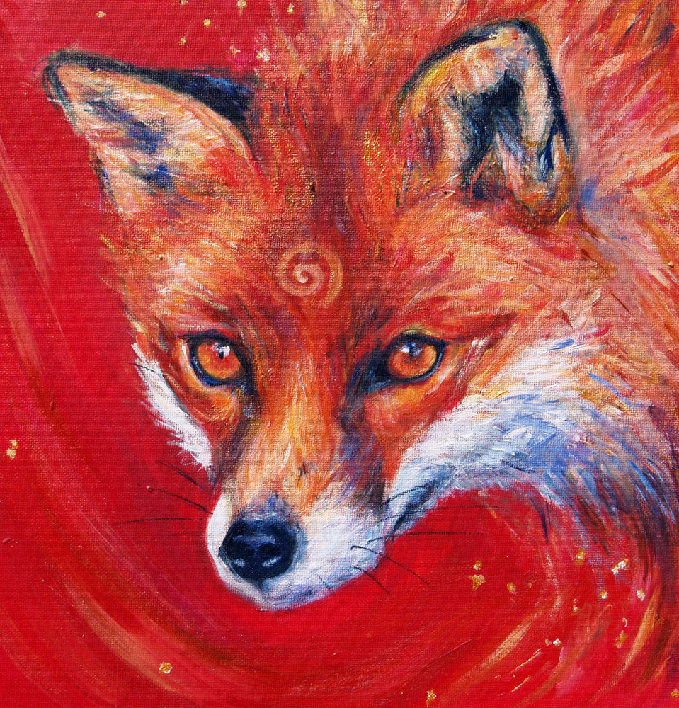 The head of a red fox looking at an angle towards the viewer, coming into the painting from the right. A pale-coloured spiral is coiled on their forehead. The background is red.