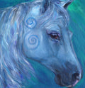 The head and mane of a horse, head facing mostly to the right. The horse is painted entirely in blue apart from a deep brown eye, with two spirals on and above the cheek. The background is blue-green.