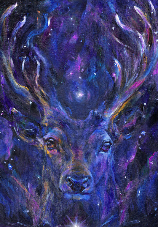 The head and neck of a stag looking directly at the viewer. The overall colours are deep purples and blues, with lighter peaks at the ends of the antlers.