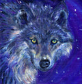 The head of a wolf, looking directly at the viewer. The overall colour of both the wolf and the background are shades of blue, with the exception of yellow/green eyes and flashes of paler fur around the neck.
