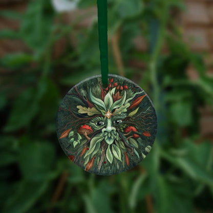 A pair of green eyes, with prominent nose beneath, is surrounded by red and green leaves radiating out from the central face. Red toadstools grow out from his cheeks and the top of his head. Two delicate tree branches protrude like antlers. The background is dark green.