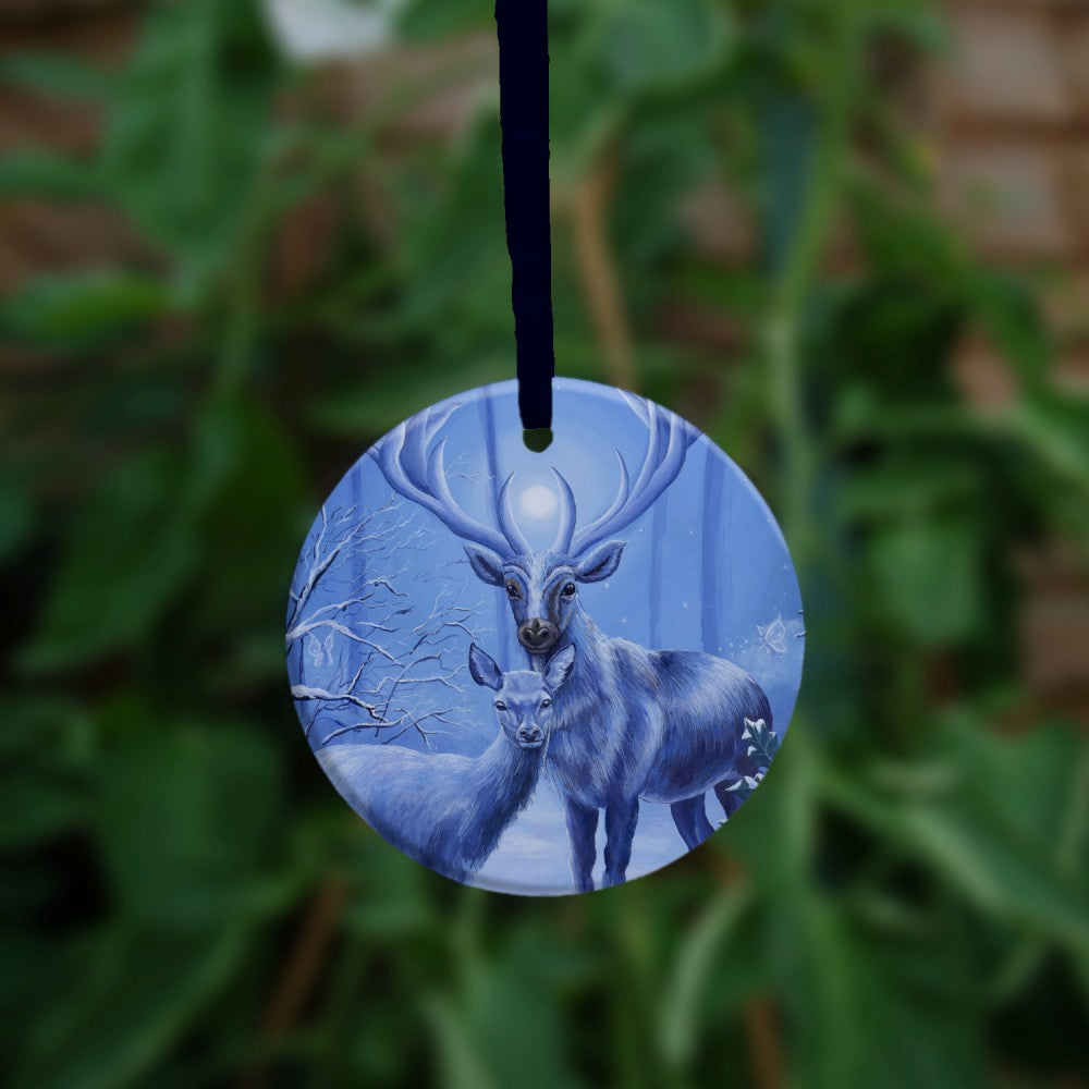 The other side of the ornament, showing a close up of the stag and doe.