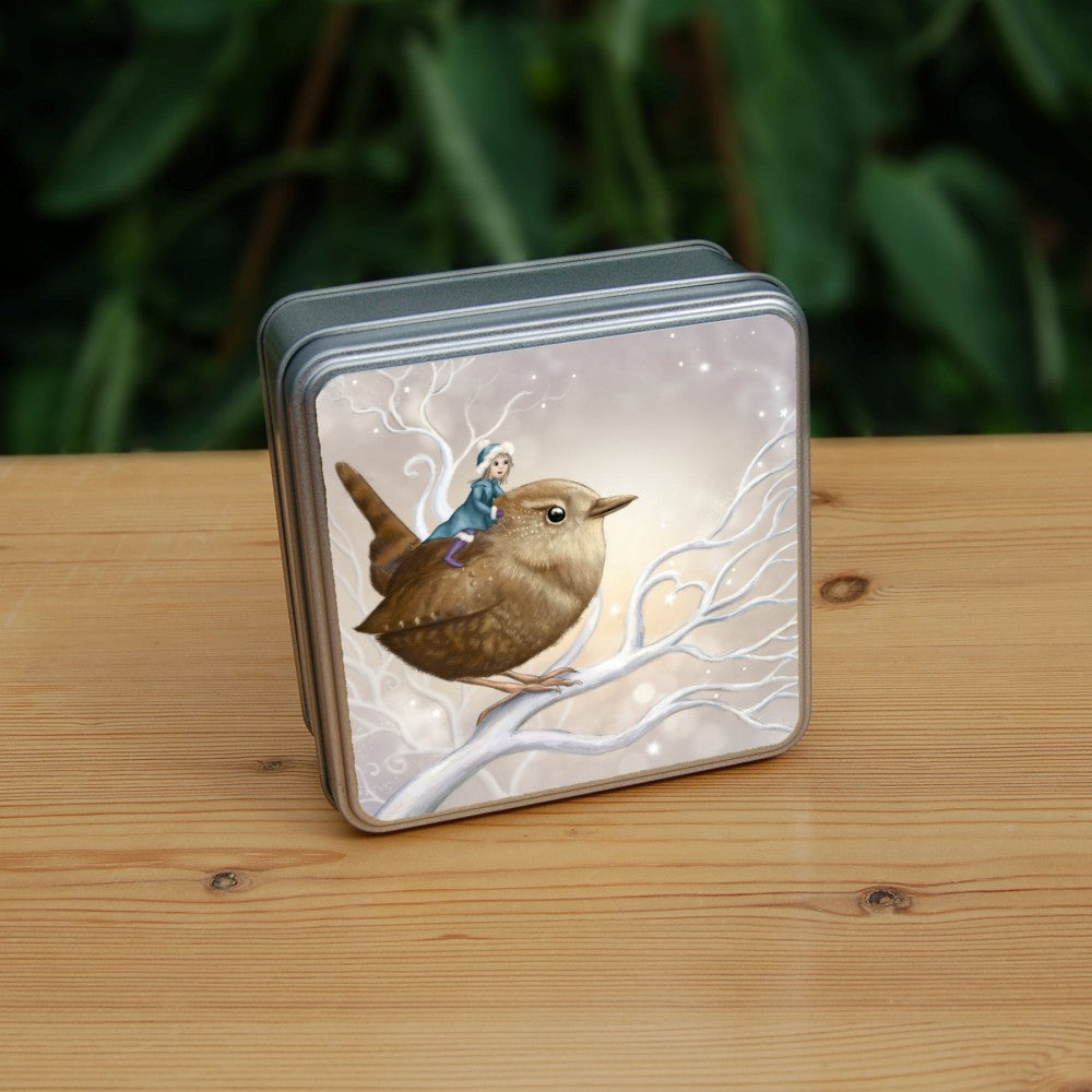 A smiling fairy in a mid-blue coat and hat and purple boots sits on the back of a wren. The wren sits on a white branch. Apart from the fairy, colours are browns and whites.