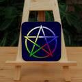 Illustration of a pentagram which is multi-coloured, starting white at the top, then clockwise through blue, red, green and yellow. The background is dark blue.