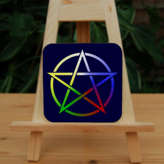 Illustration of a pentagram which is multi-coloured, starting white at the top, then clockwise through blue, red, green and yellow. The background is dark blue.