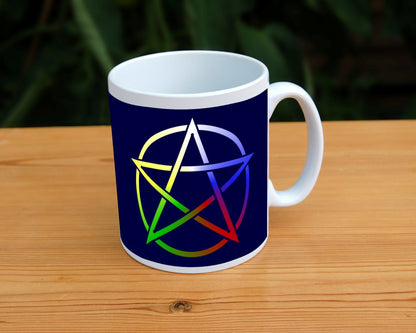 Illustration of a pentagram which is multi-coloured, starting white at the top, then clockwise through blue, red, green and yellow. The background is dark blue.